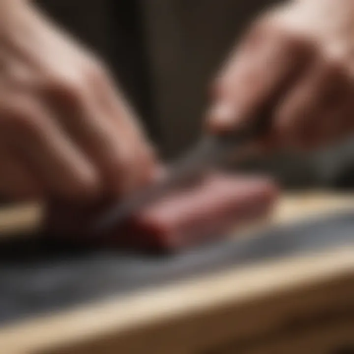Close-up of a knife being sharpened on a whetstone