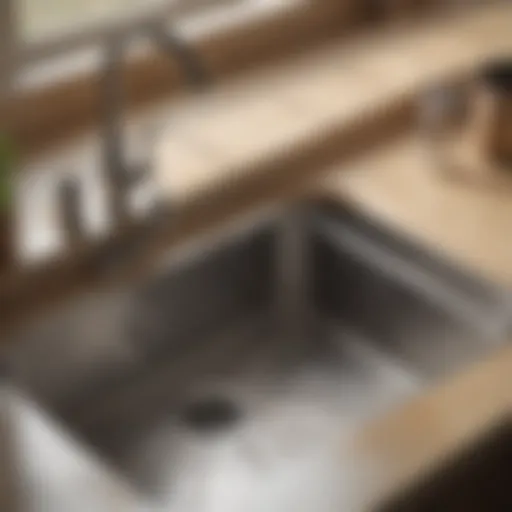 A close-up view of a kitchen sink showing a clogged drain with water pooling
