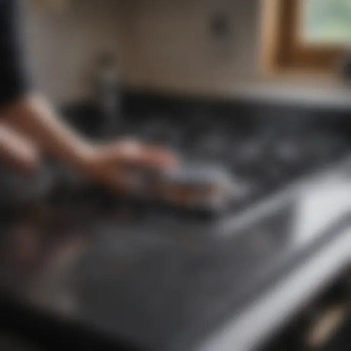 A person applying a cleaning solution to a stove