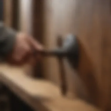 A close-up view of a traditional method for locating studs using a hammer and technique.