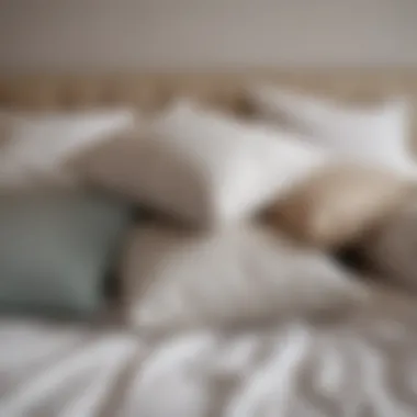 A close-up view of various types of pillows arranged neatly on a bed.