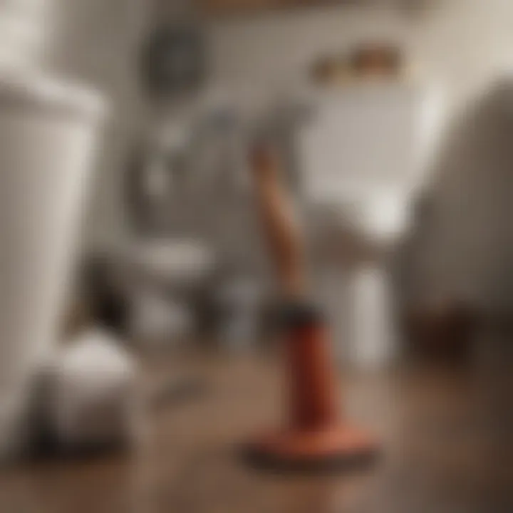 A plunger resting beside a toilet, symbolizing the common tool for unclogging.