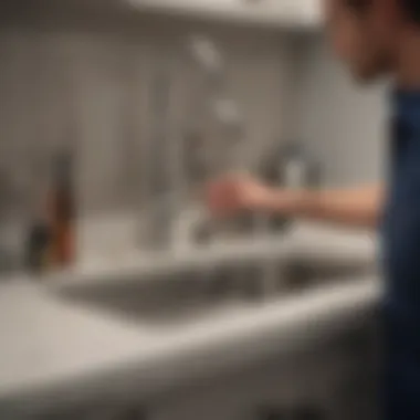 Inspection of plumbing components under a sink Homeowner examining plumbing under the sink