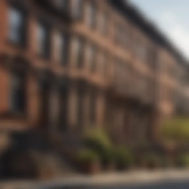 Street view of a row of brownstone buildings in an urban setting