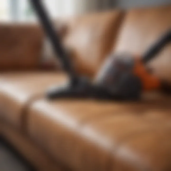 Close-up of vacuum cleaner attachments for sofa maintenance