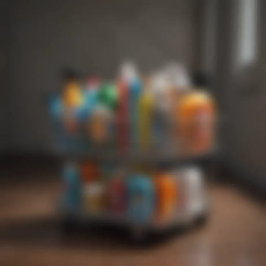 A well-organized cleaning cart with various cleaning supplies.